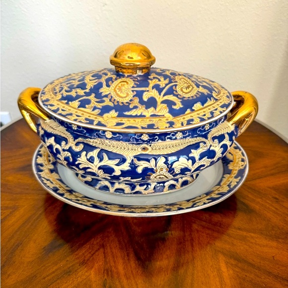 Other - Elegant Vintage Chinese Blue and Gold Porcelain Tureen With Underplate